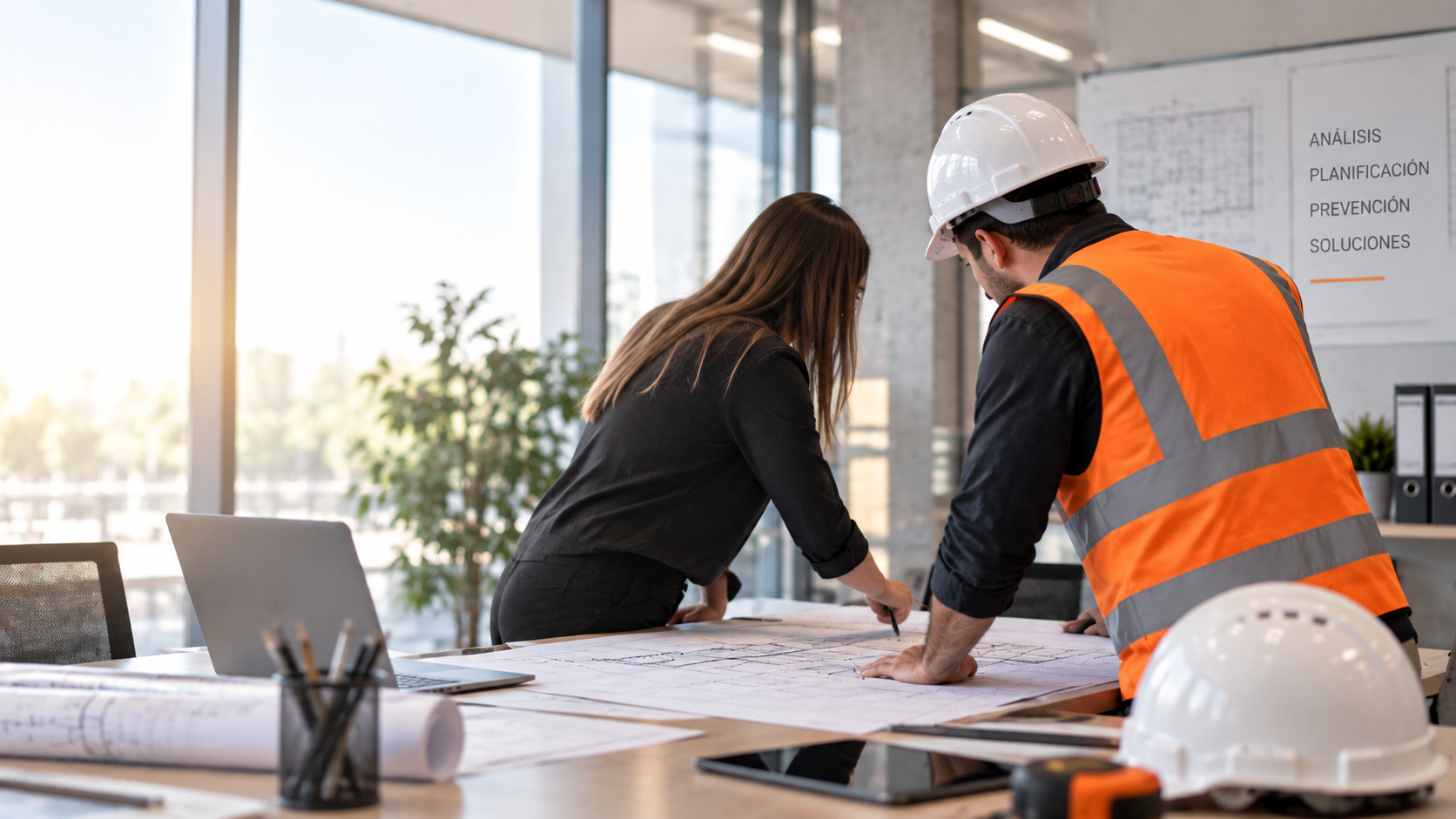 Profesionales de SEGVIA revisando planos de obra
